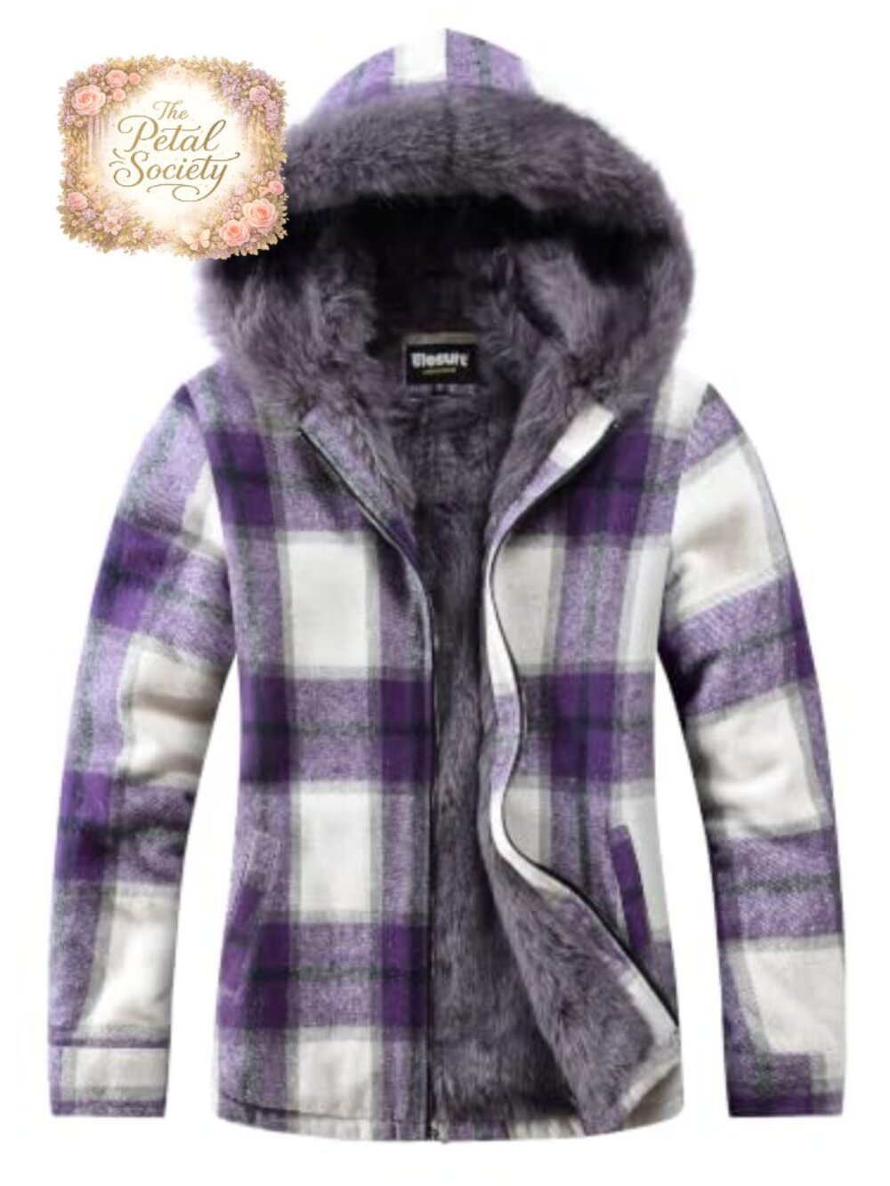 Fleece Lined Flannel Jacket Faux Fur Hood Women's Plaid Winter Coat
